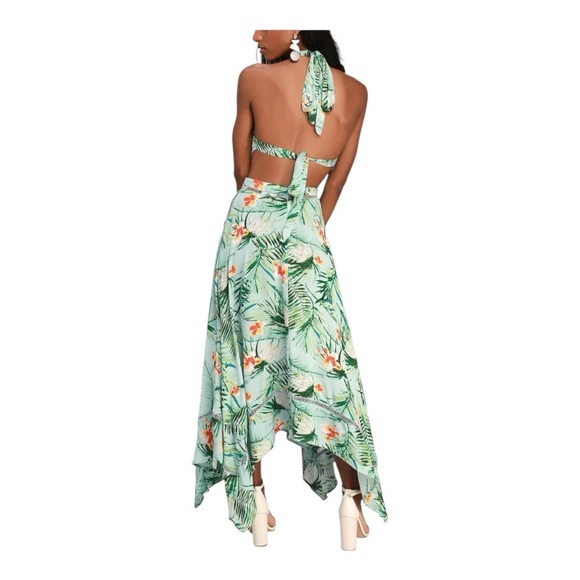 Lulus St Tropez Mint Blue Leaf Print Halter Dress Size L - Picture 3 of 16